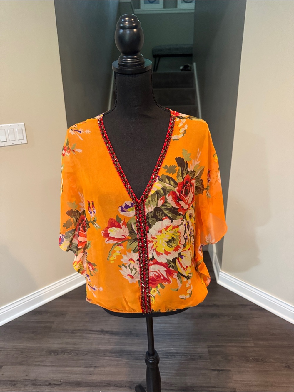 Free People Orange Floral V-Neck Flutter Sleeve Top